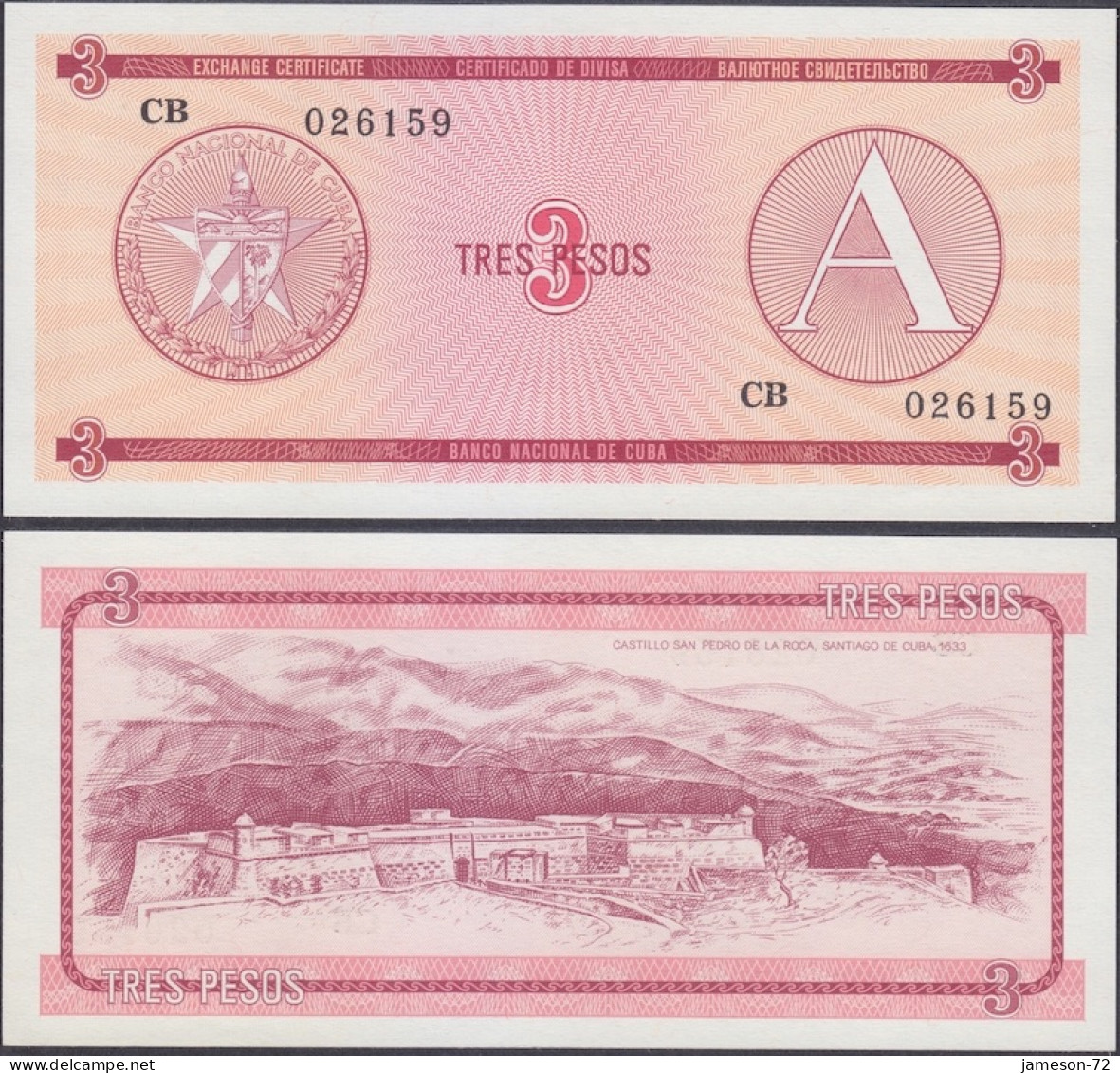 CUBA - 3 Pesos ND (1985) Serie A P# FX2 Foreign Exchange Certificate America Banknote - Edelweiss Coins - Kuba
