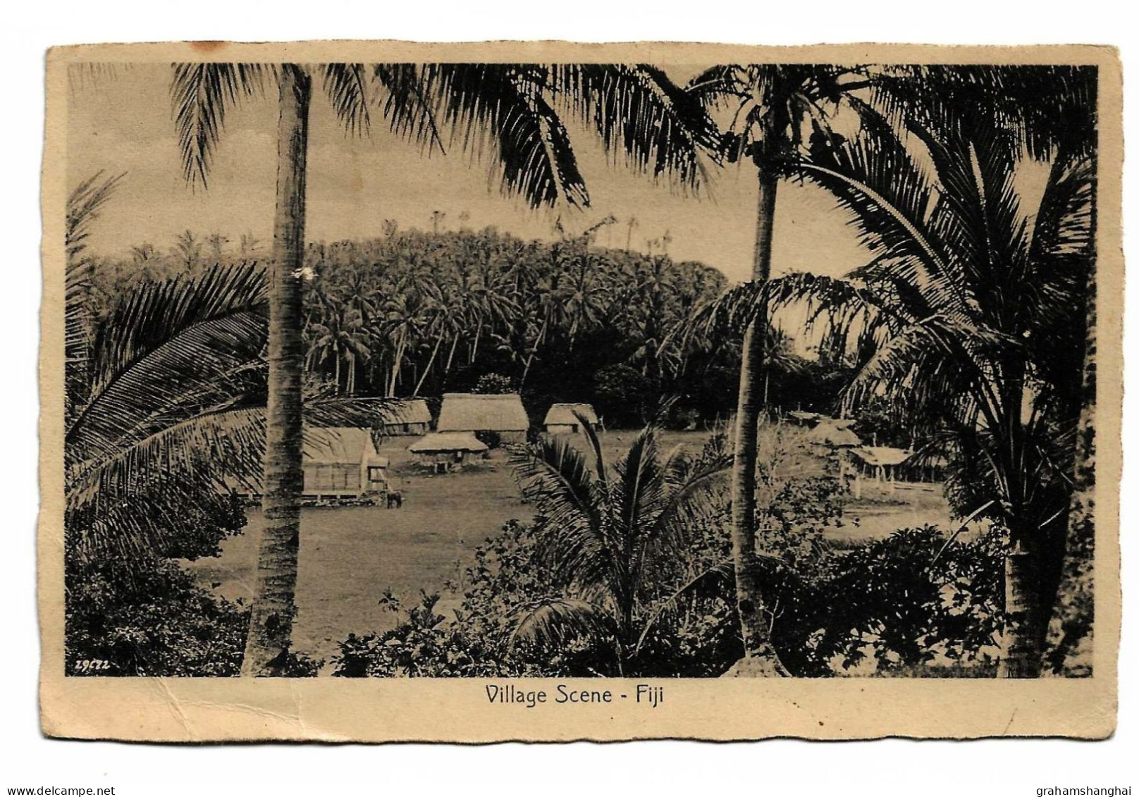 Postcard Fiji Village Scene Huts Trees Posted From Fiji 1936 With UK Postage Due - Figi
