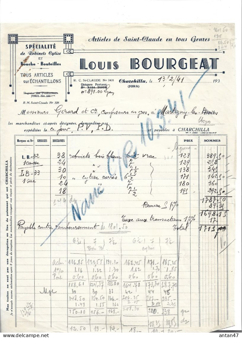 2 Factures 1938-41 / 39 CHARCHILLA / BOURGEAT Spécialité De Robinets Cytise & Bouche-Bouteilles - 1900 – 1949