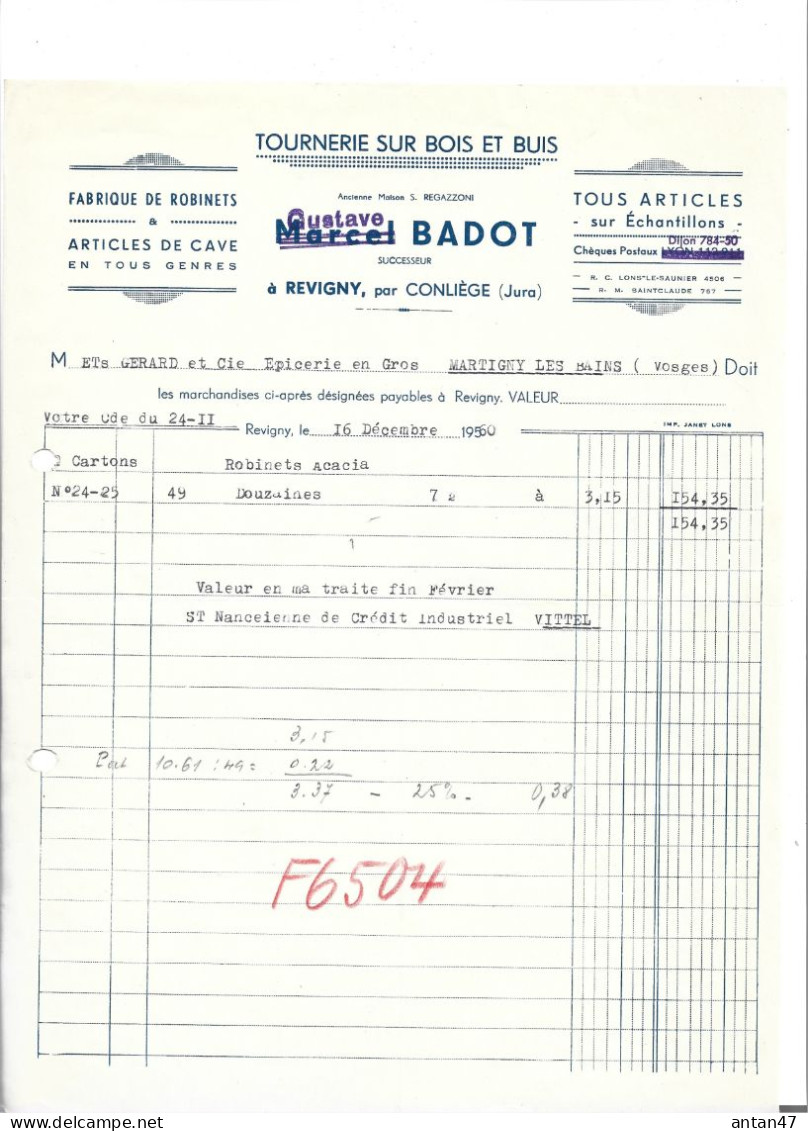 Facture 1960 / 39 REVIGNY CONLIEGE / Tournerie Sur Bois & Buis BADOT, Articles De Cave Fabrique Robinets - 1950 - ...