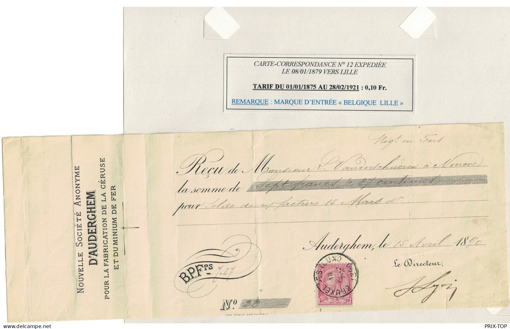 TP 46 S//Reçu De 7,27 Frs établi à Auderghem Négt En Fer Obl. BXL (LUX) 18/4/1890 > Encaissement Ninove C.au Verso - Poste Rurale