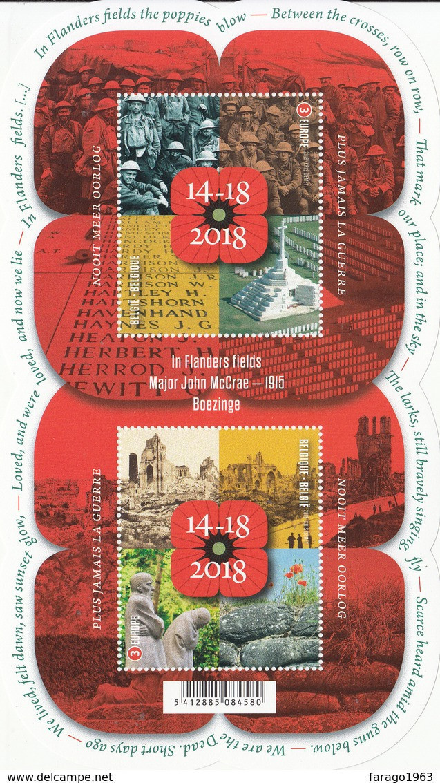 2018 Belgium WWI Remembrance Day "John McCrae Canada Poem"  Souvenir Sheet MNH  @ BELOW FACE VALUE - Ungebraucht