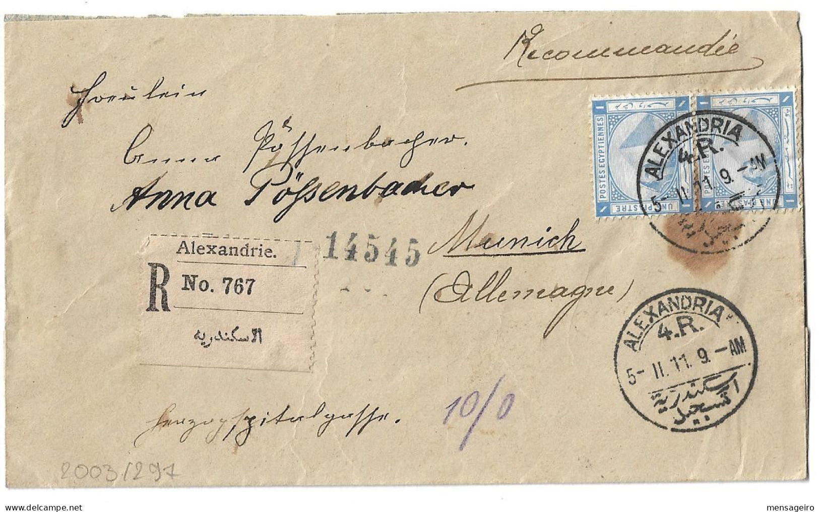 (C04) - REGISTRED COVER WITH 1P. X2 STAMPS ALEXANDRIA / 4R => GERMANY 1911 GRAND HOTEL BONNARD - 1866-1914 Khedivato De Egipto