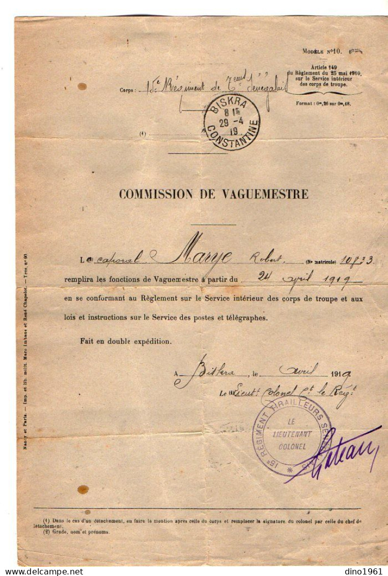 VP23.064 - MILITARIA - BISKRA 1919 - Commission De Vaguemestre - Caporal R. MARYE 15è Rgt De Tirailleurs Sénégalais - Documenti