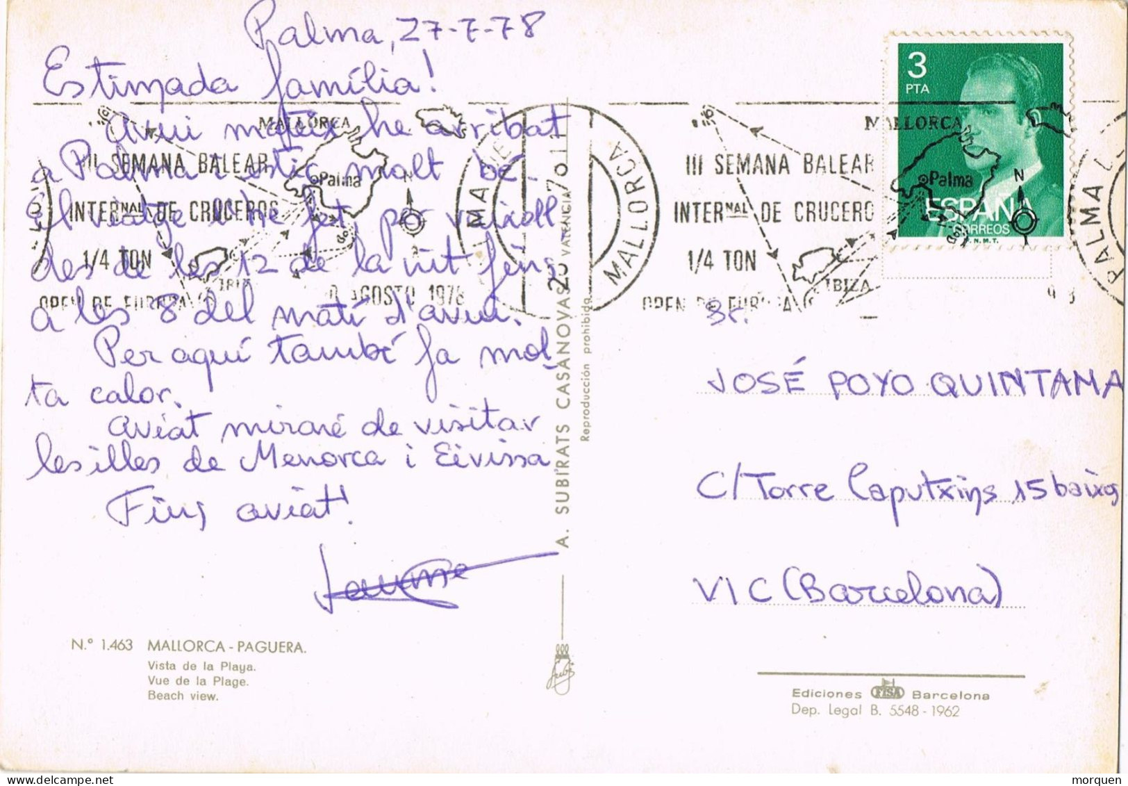 54520. Postal PALMA De MALLORCA (Baleares) 1978. Fechador Rodillo Cruceros. Vista Dw La PAGUERA - Storia Postale