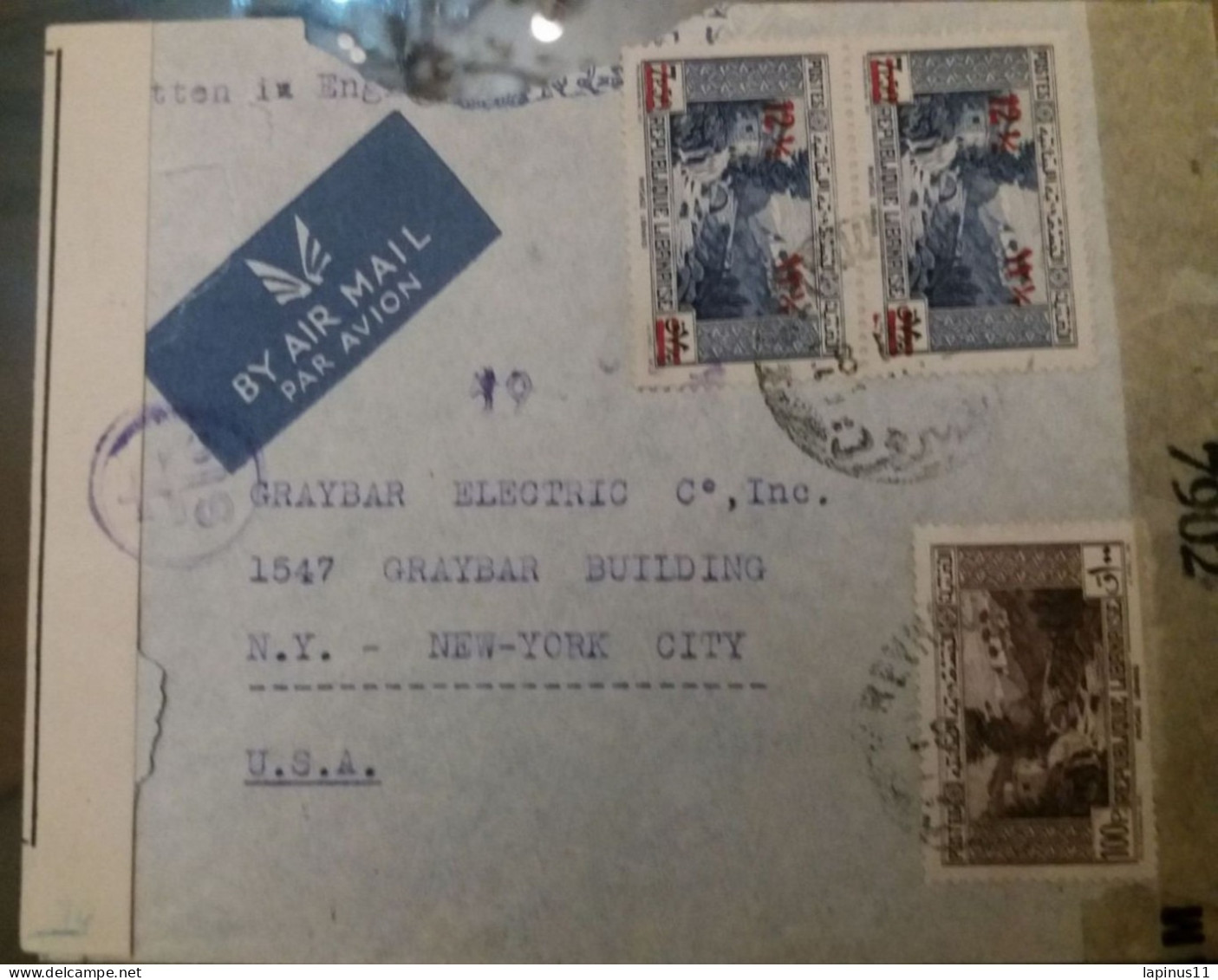 GRAND LIBAN لبنان الكبير CONTROLE 1937 SITES OBLITERE BEYROUTH TO USA NEW YORK (1944) REGISTER MAIL PLUS TAXE 100 P - Líbano