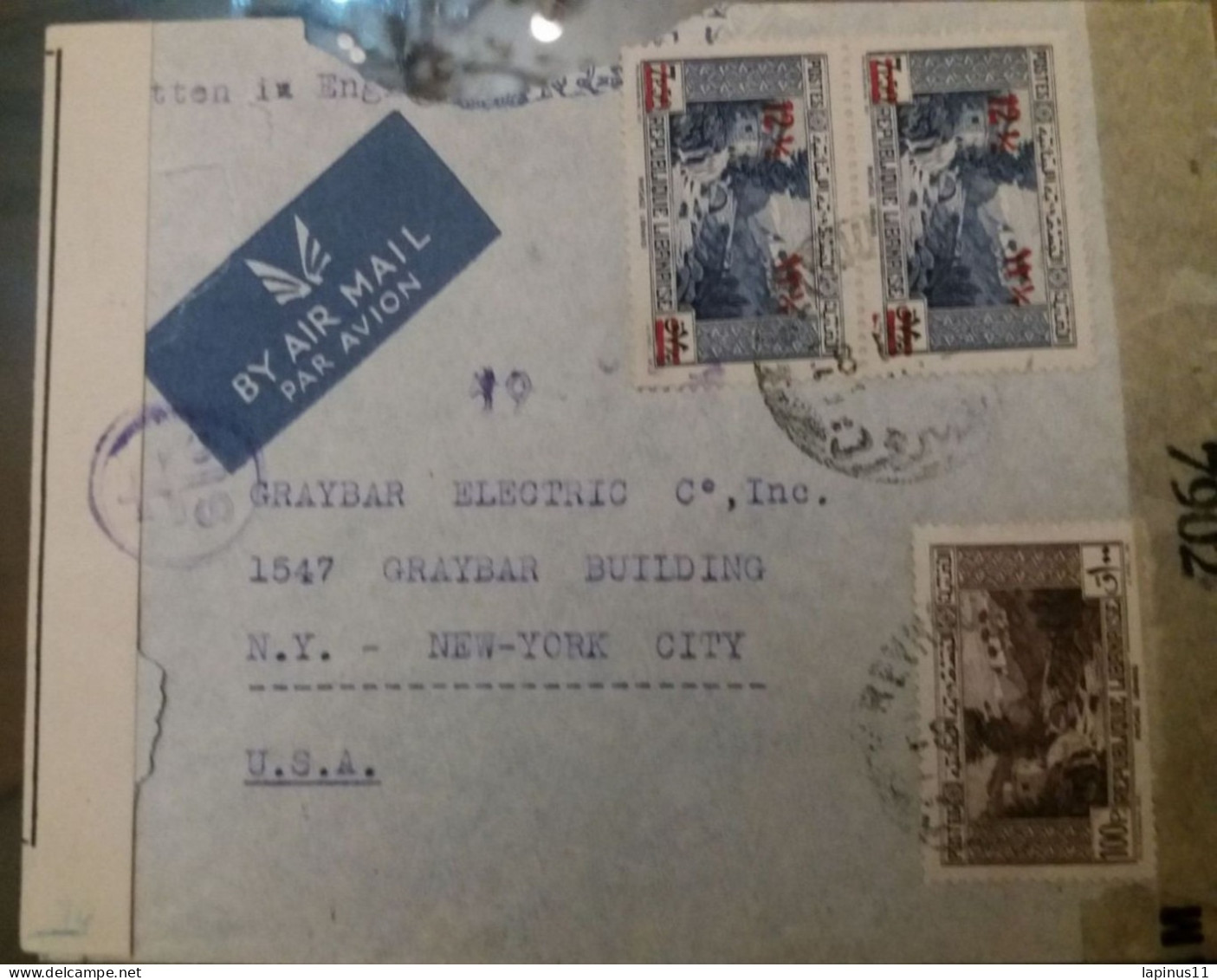 GRAND LIBAN لبنان الكبير CONTROLE 1937 SITES OBLITERE BEYROUTH TO USA NEW YORK (1944) REGISTER MAIL PLUS TAXE 100 P - Lebanon