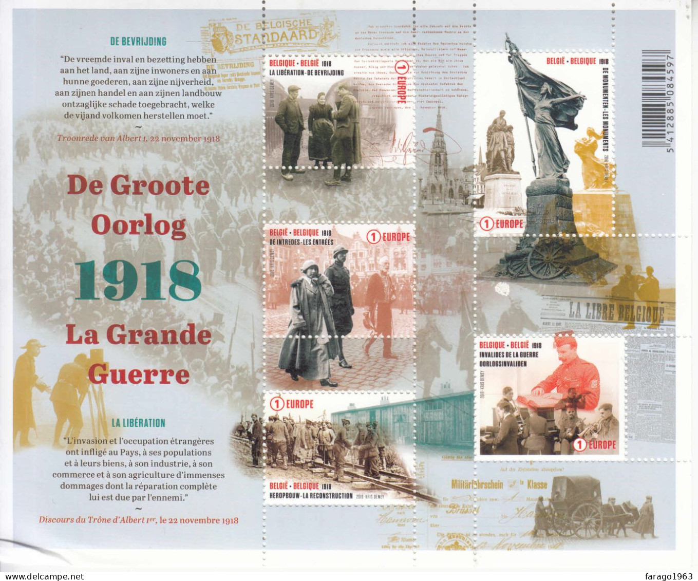 2018 Belgium WWI Liberation History  Souvenir Sheet MNH  @ BELOW FACE VALUE * Crease Bottom Left Stamps Unaffected* - Ungebraucht