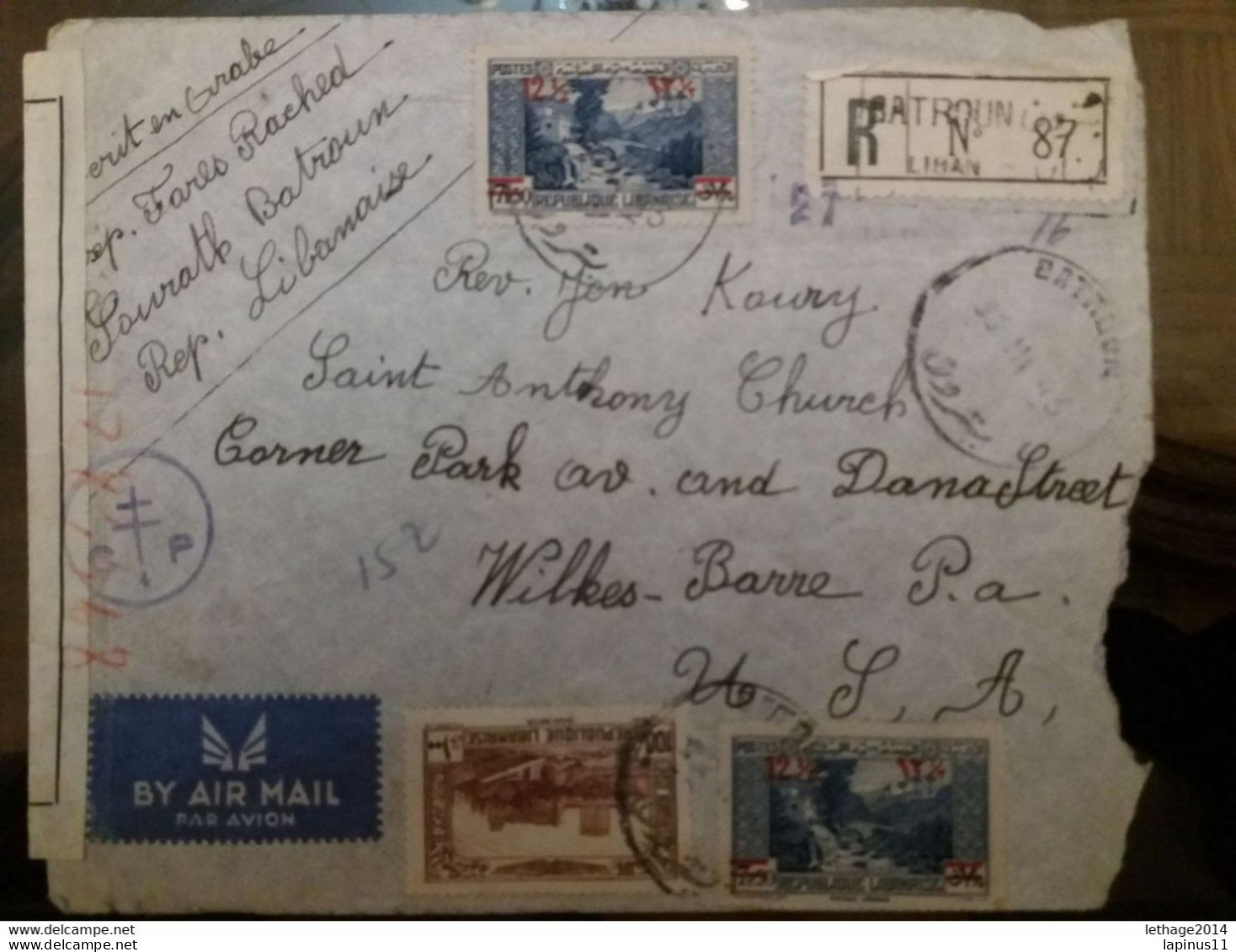 GRAND LIBAN لبنان الكبير LEBANON 1937 SITES OBLITERE BATROUN BEYROUTH TO USA (1943) REGISTER MAIL PLUS TAXE 100 P - Libano