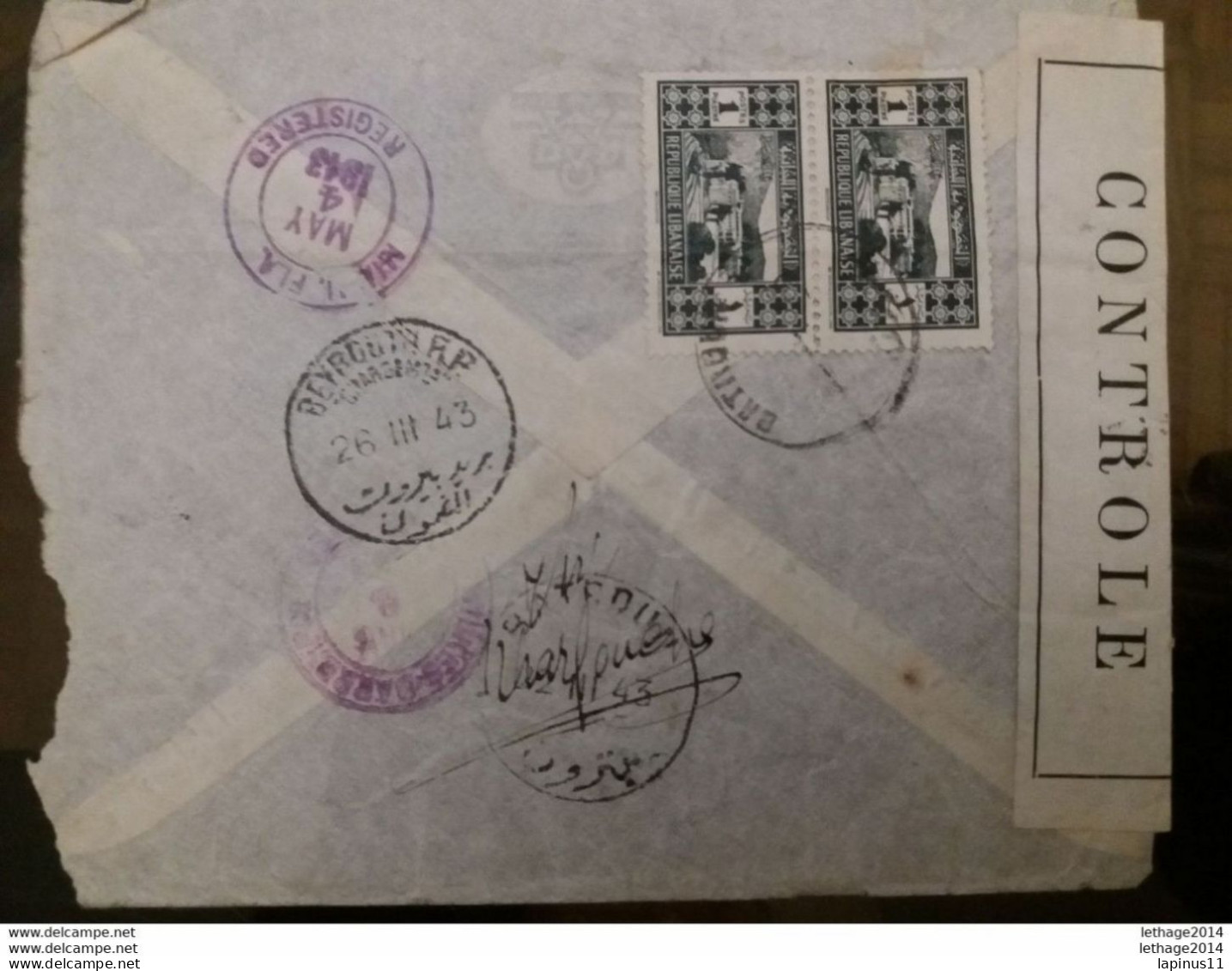 GRAND LIBAN لبنان الكبير LEBANON 1937 SITES OBLITERE BATROUN BEYROUTH TO USA (1943) REGISTER MAIL PLUS TAXE 100 P - Lebanon