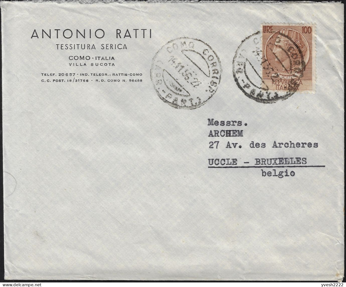 Italie 1956. Lettre De Côme à Bruxelles. Affranchissement 100 Lire Seul. Peu Commun - 1946-60: Storia Postale