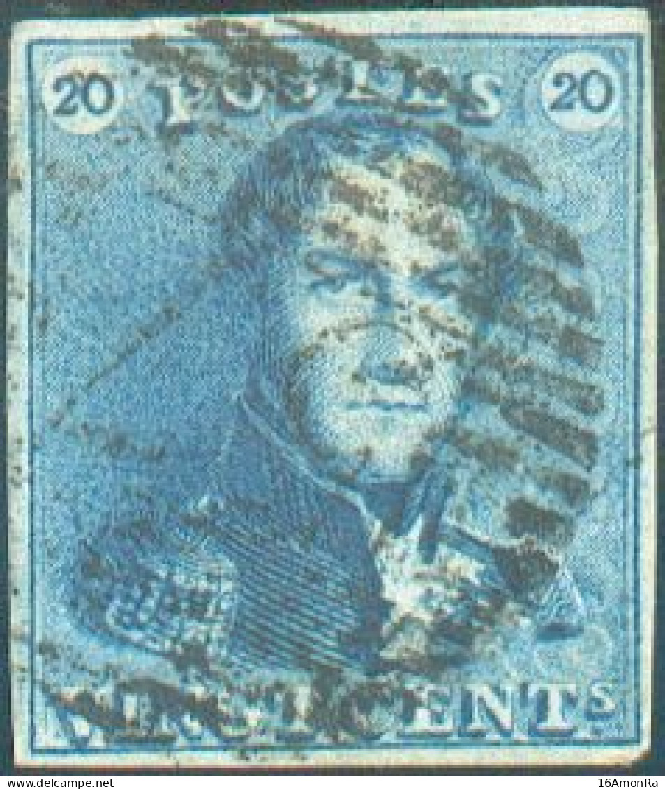 N°2 - Epaulette 20 Centimes Bleue, TB Margée, Obl. P.57 HASSELT. Bon Bureau. - TB - 22083 - 1849 Schulterklappen