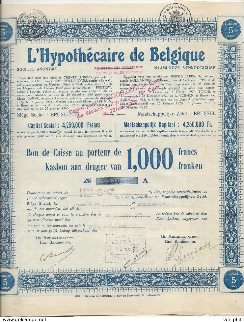 L'HYPOTHECAIRE DE BELGIQUE - BON DE CAISSE AU PORTEUR DE 1000 FRS   1930 - Banca & Assicurazione