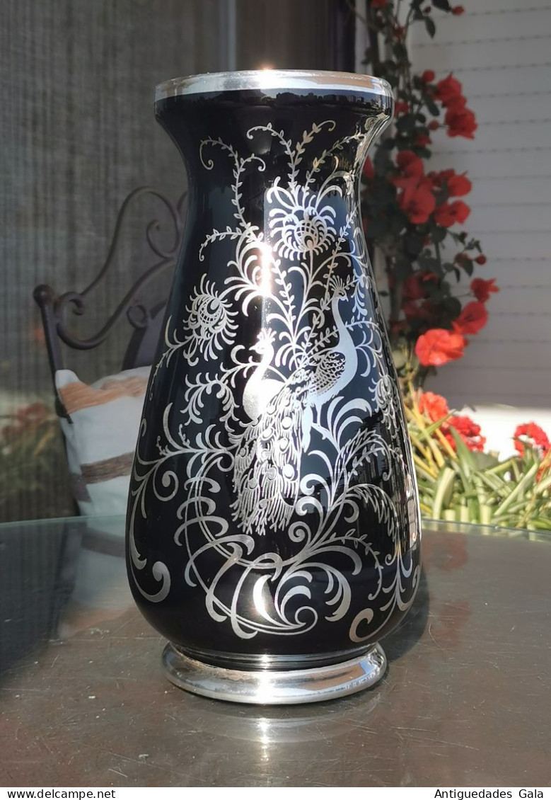 GRAN JARRON DE CRISTAL NEGRO PINTADO CON PLATA - Vases