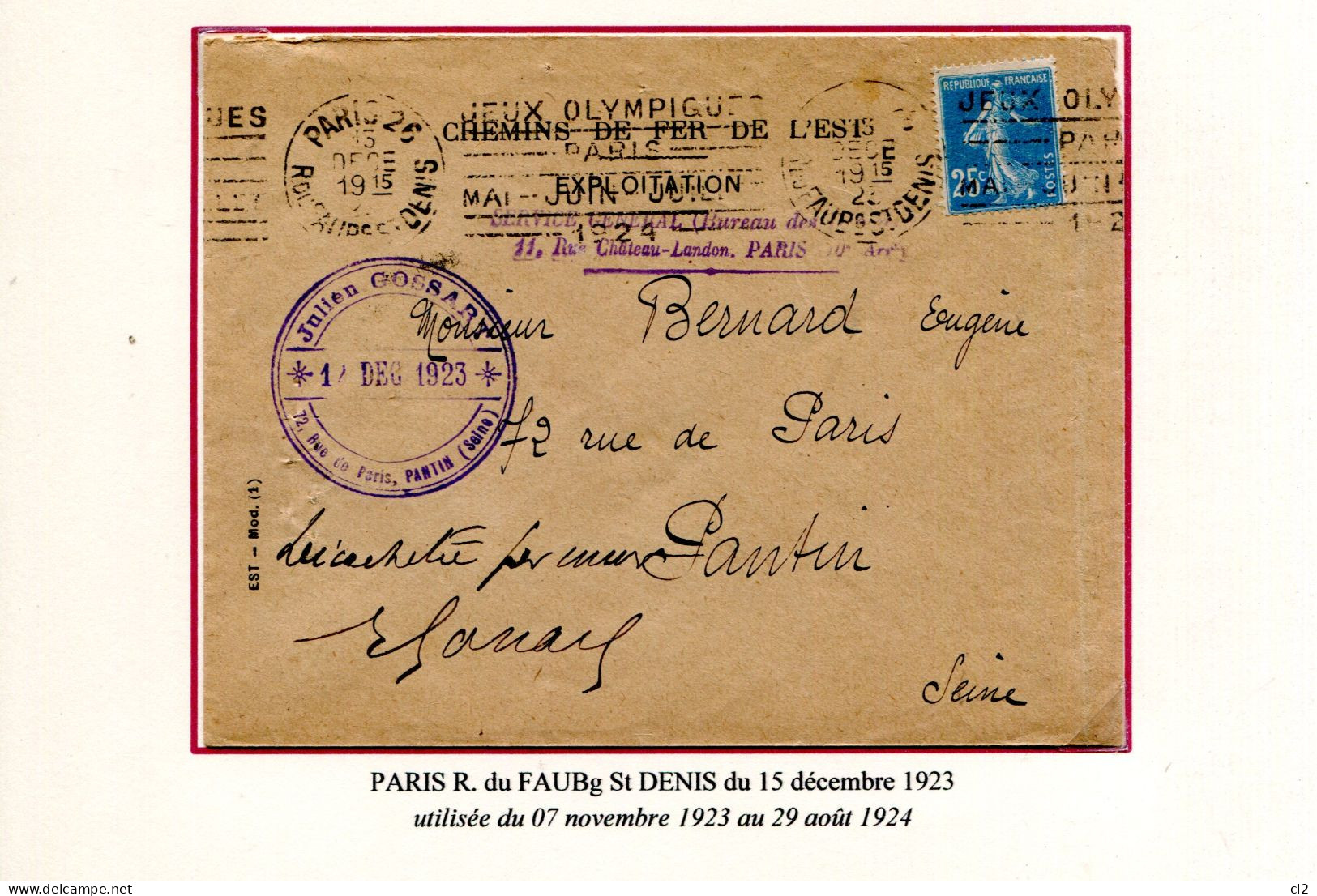 Jeux Olympiques PARIS 1924 - Oblitération Mécanique KRAG De 1ère Génération - PARIS R. Du FAUBg St DENIS - Verano 1924: Paris
