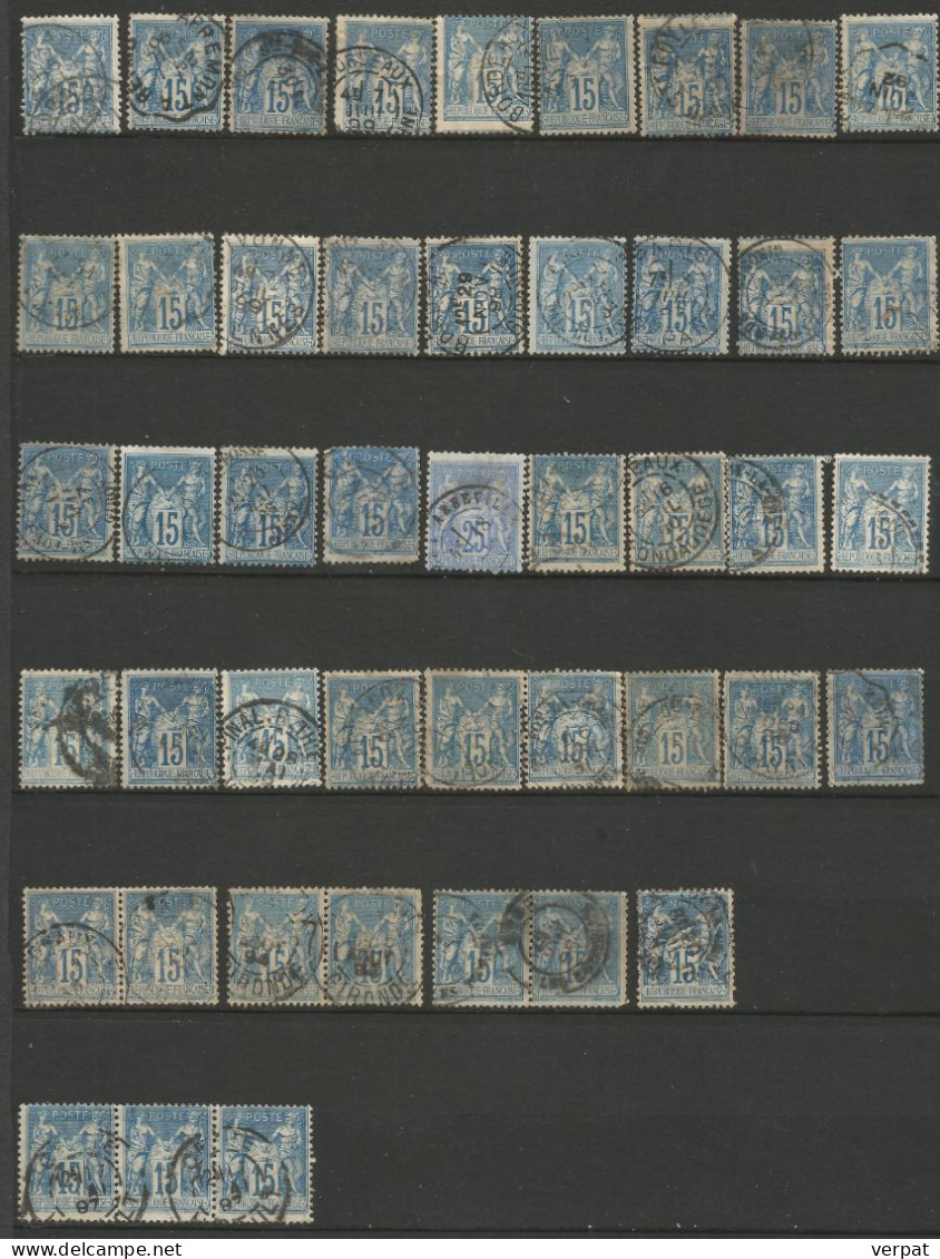 Sage 15c Bleu Y&T 90 100 X EXEMPLAIRES Teintes, Oblitérations, Cadrage, Variétés - 1876-1898 Sage (Type II)