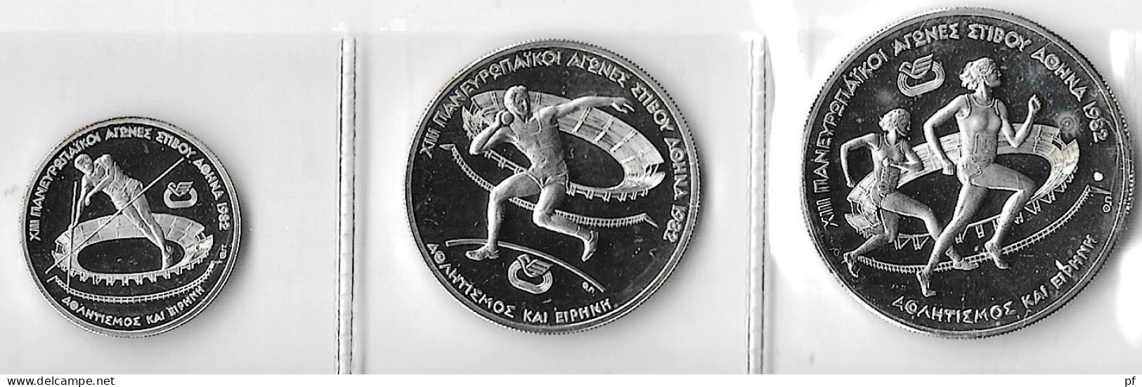 3 Silver Coins :100 - 250 En 500 Drachmes 1982 European Athletic (Ag)  UNC /vFDC - Grecia
