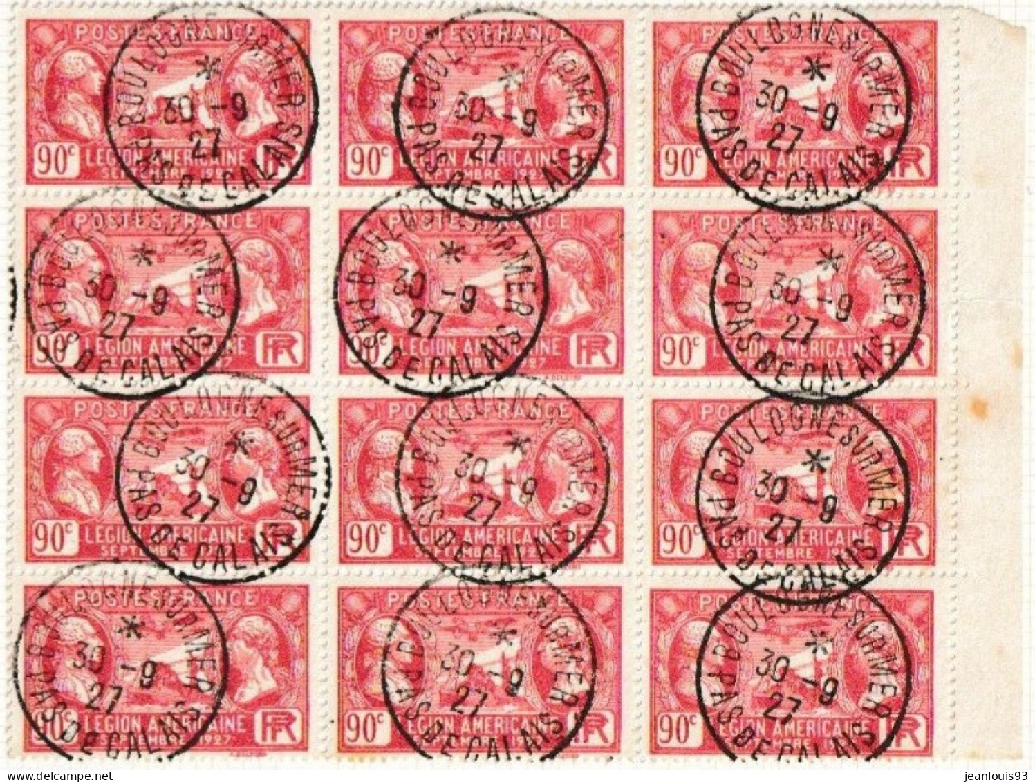 FRANCE - 244/245 LEGION AMERICAINE PAIRE OBL USED DE BOULOGNE PAS DE CALAIS EN BLOC DE 12 TIMBRES - Gebruikt