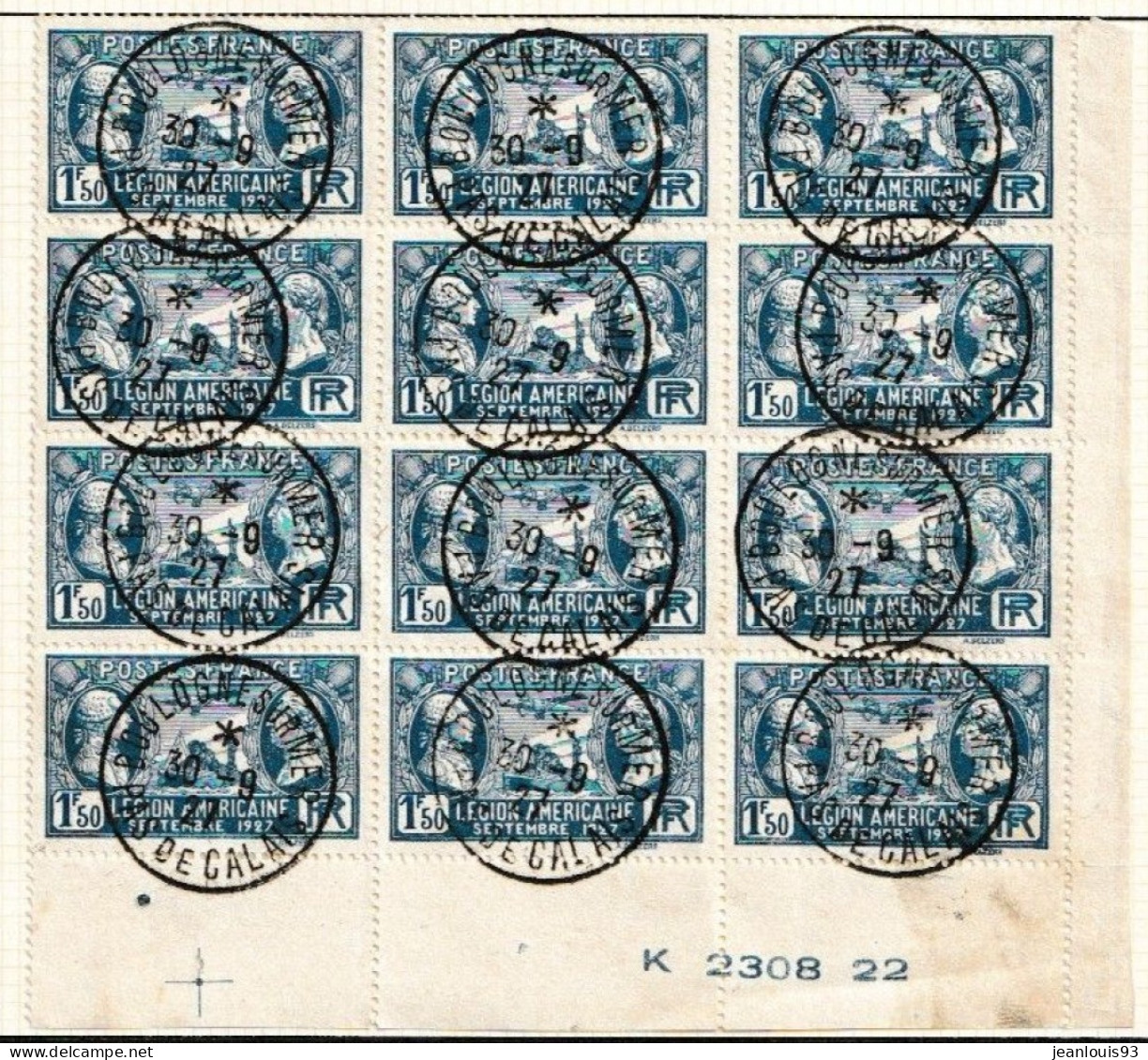 FRANCE - 244/245 LEGION AMERICAINE PAIRE OBL USED DE BOULOGNE PAS DE CALAIS EN BLOC DE 12 TIMBRES - Gebruikt