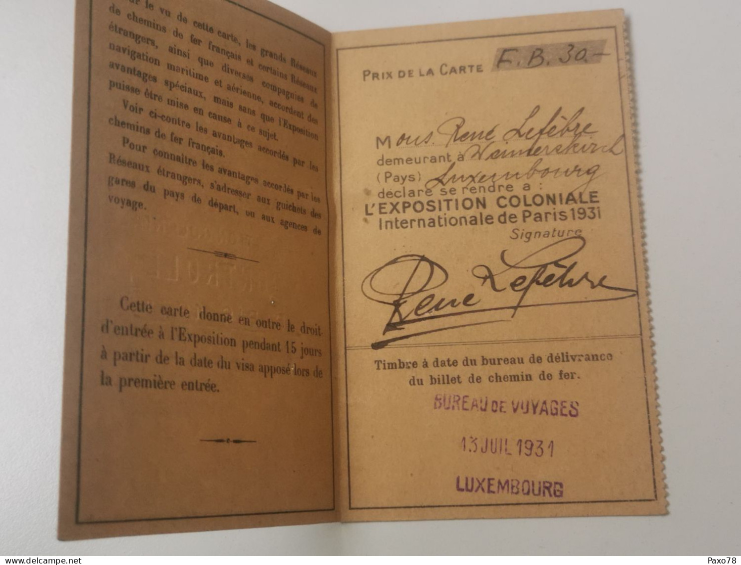 Carte De Légitimation, Exposition Paris 1931, M. Lefèvre Weimerskirch Luxembourg - Briefe U. Dokumente