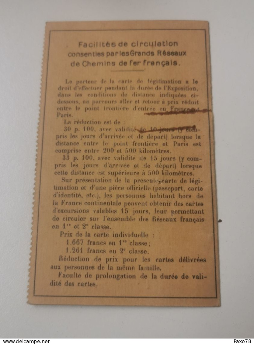 Carte De Légitimation, Exposition Paris 1931, M. Lefèvre Weimerskirch Luxembourg - Briefe U. Dokumente