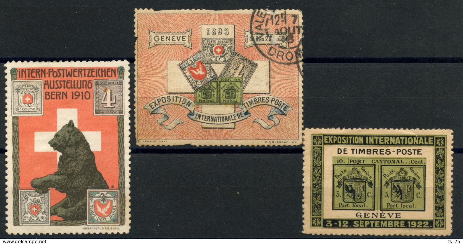 SUISSE - LOT DE 3 VIGNETTES D'EXPOSITIONS PHILATELIQUES 1896 - 1910 - 1922 - Labels