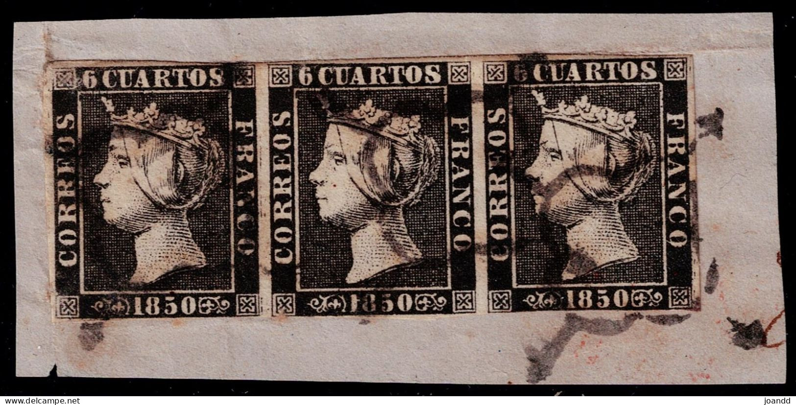 España 1850 - 6 Cuartos Negro. Tira De 3 Sobre Fragmento. - EDIFIL 1A - ...-1850 Prephilately