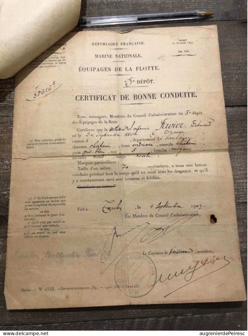 Brevet De Matelot Infirmier + Certificat De Bonne Conduite Edmond Favier 1903-1907 - Barcos