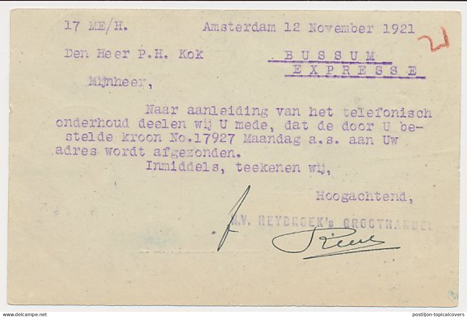 Bestellen Op Zondag - Expresse Amsterdam - Bussum 1921 - Lettres & Documents