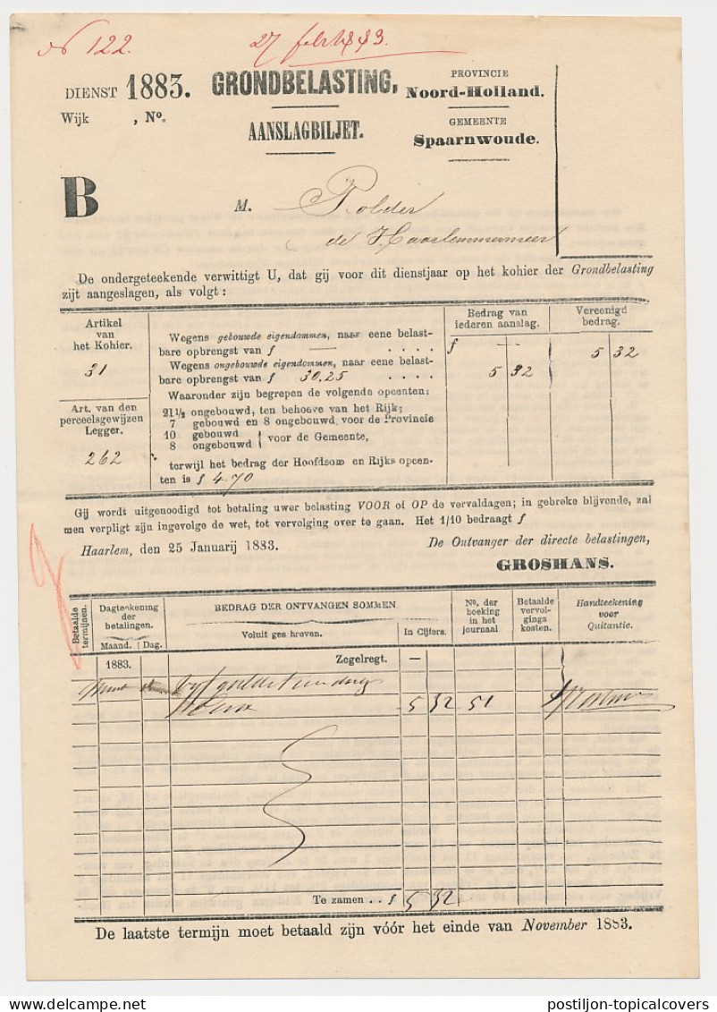 Aanslagbiljet Spaarnwoude - Haarlemmermeerpolder 1883 - Fiscales