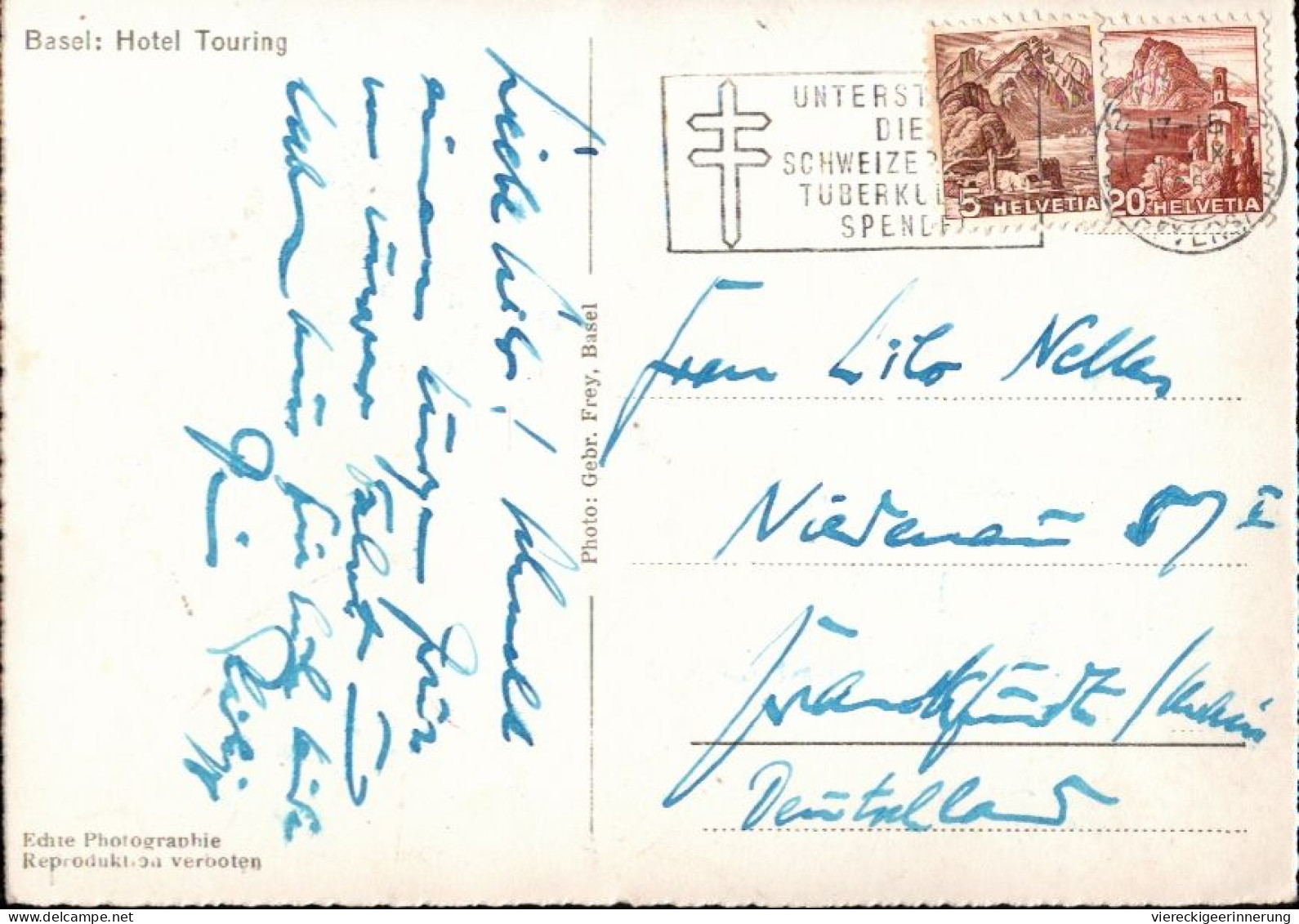 ! Ansichtskarte, Basel, Hotel Touring, Maschinenstempel Tuberkulose Spende, Schweiz - Bâle