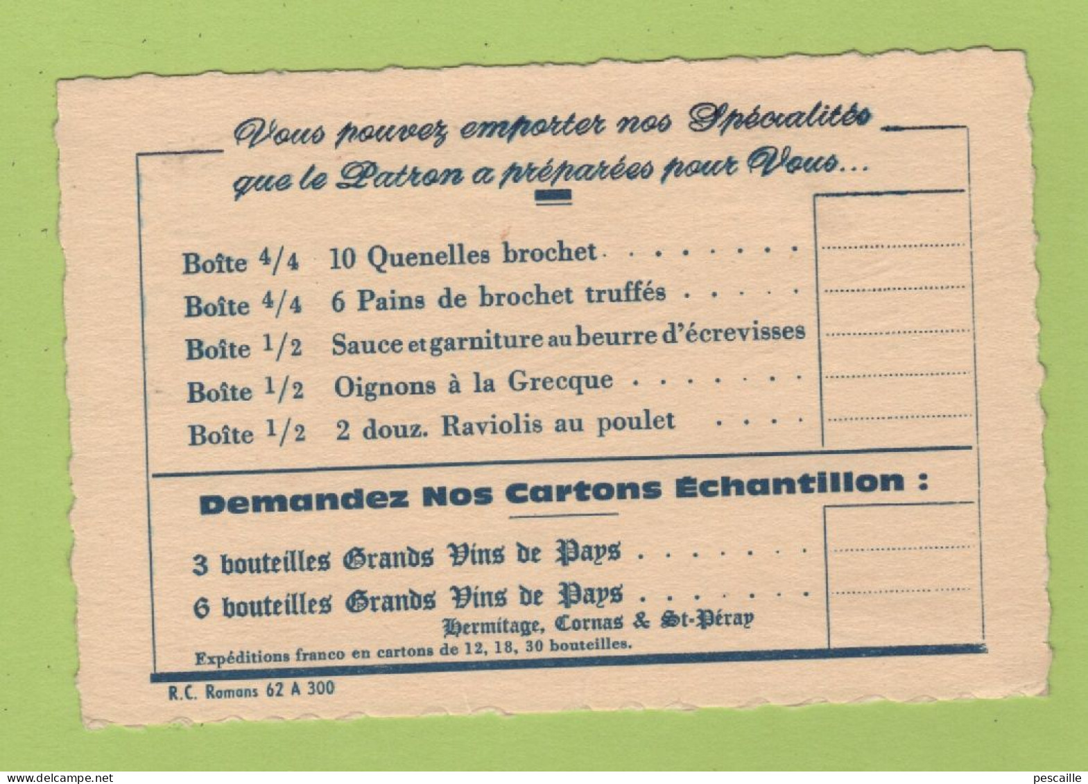 CARTE COMMERCIALE HOTEL DE L'HERMITAGE A TAIN L'HERMITAGE DROME - ECIALITE DE QUENELLES DE BROCHET - Visiting Cards