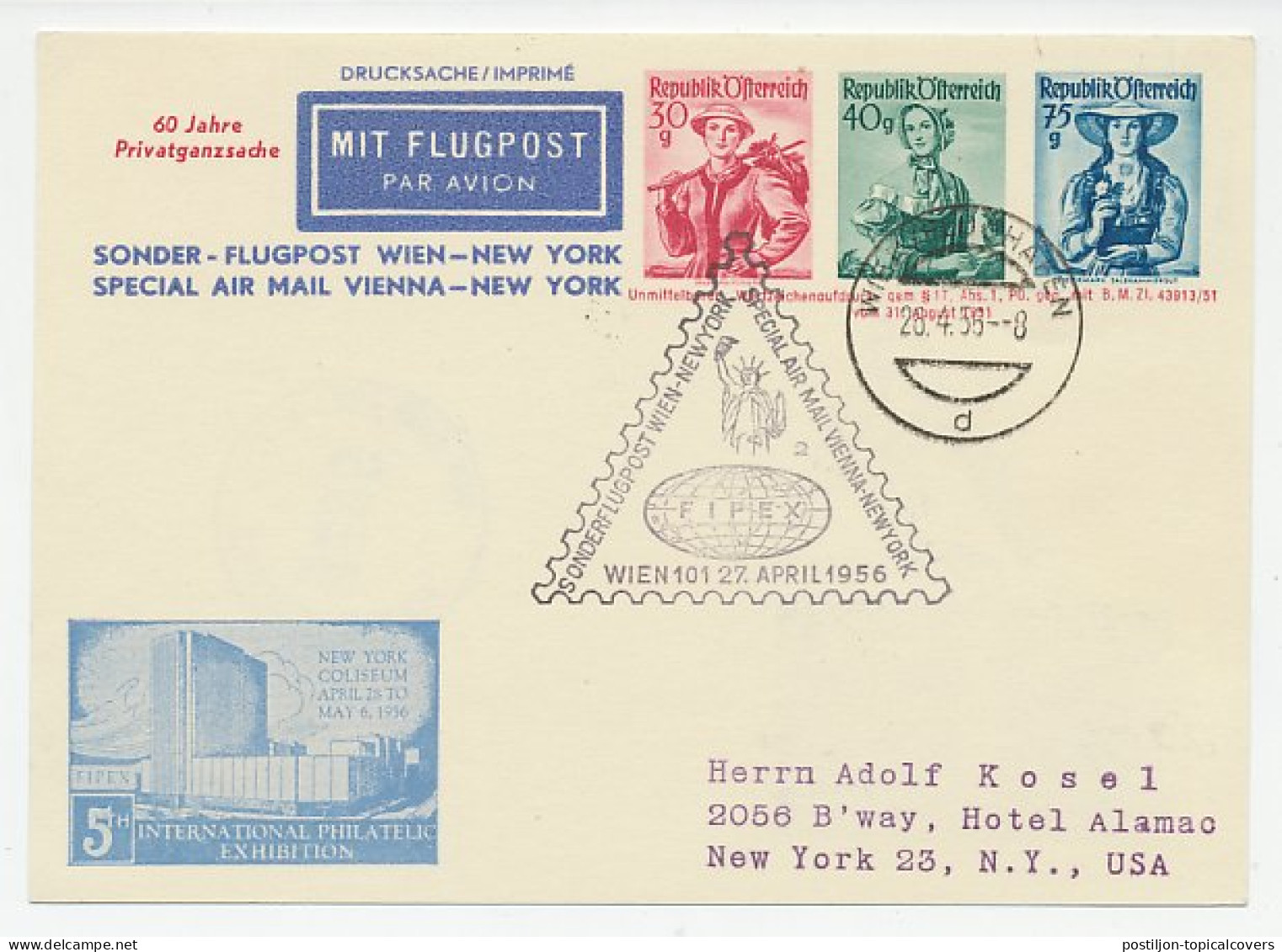 Postal Stationery Austria 1956 FFC / First Flight Card Austria - USA - Lady Liberty  - Airplanes