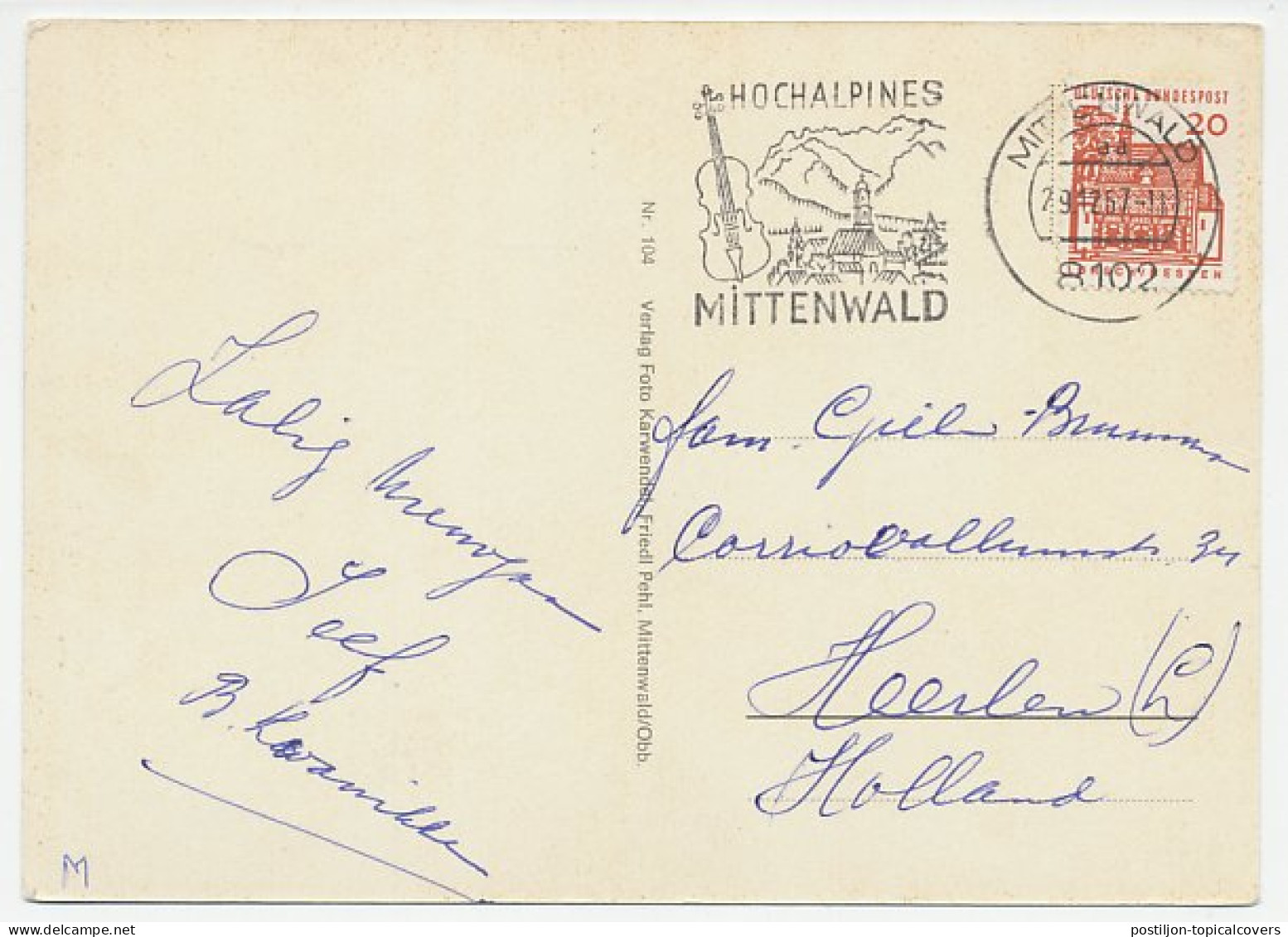 Card / Postmark Germany 1967 Violin - Mittenwald - Música