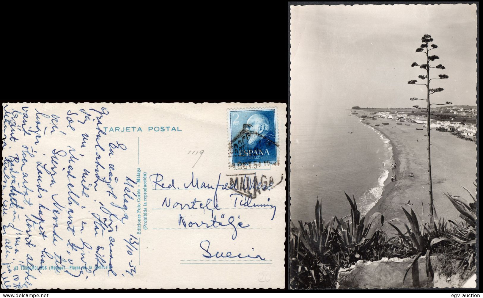 Málaga - Edi O TP 1119 - Postal "Torremolinos - Playas De La Carihuela" Mat "Correo Aéreo 13/10/54 - Málaga" A Suecia - Storia Postale