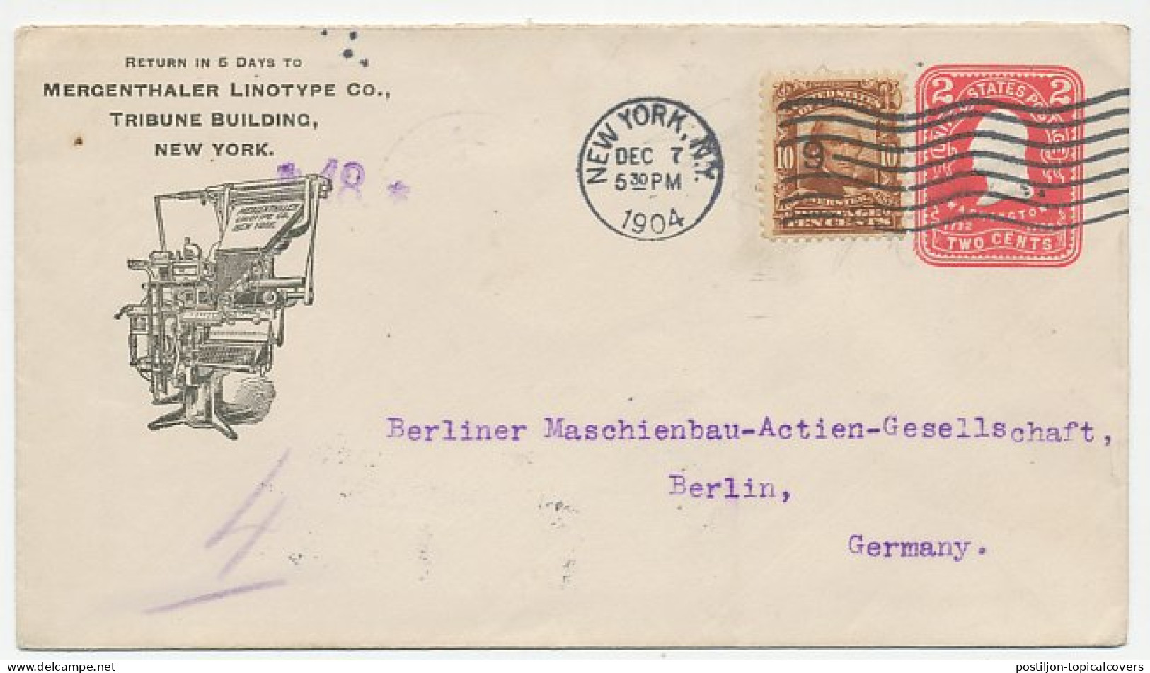 Postal Stationery USA 1904 - Privately Printed Mergenthaler Linotype Co. - Printing Machine - Sonstige & Ohne Zuordnung