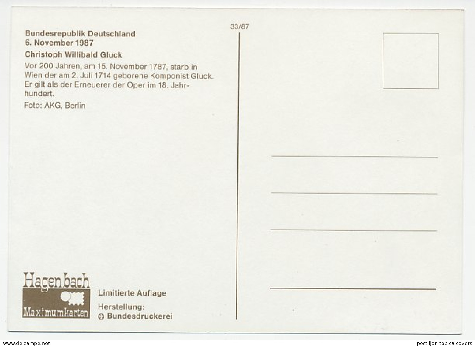Maximum Card Germany 1987 Christoph Willibald Gluck - Composer - Música