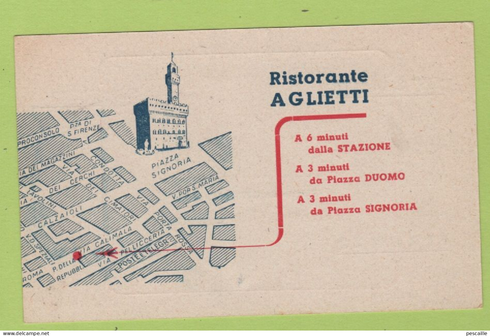 CARTE COMMERCIALE RISTORANTE BOTTIGLIERIA AGLIETTI / FIRENZE PIAZZA DELLA REPUBLICA - Tarjetas De Visita