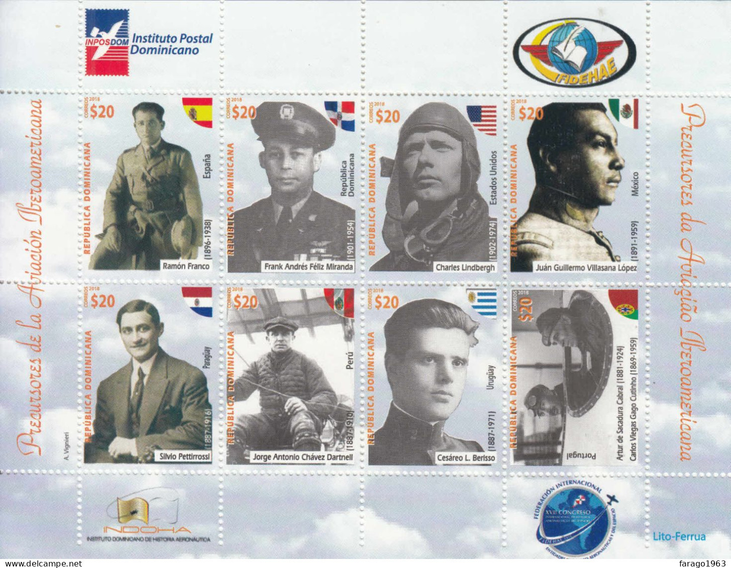 2018 Dominican Republic Pioneers Of Aviation Lindbergh Flags Complete Set Of 2 Sheets Of 8 MNH - Dominikanische Rep.