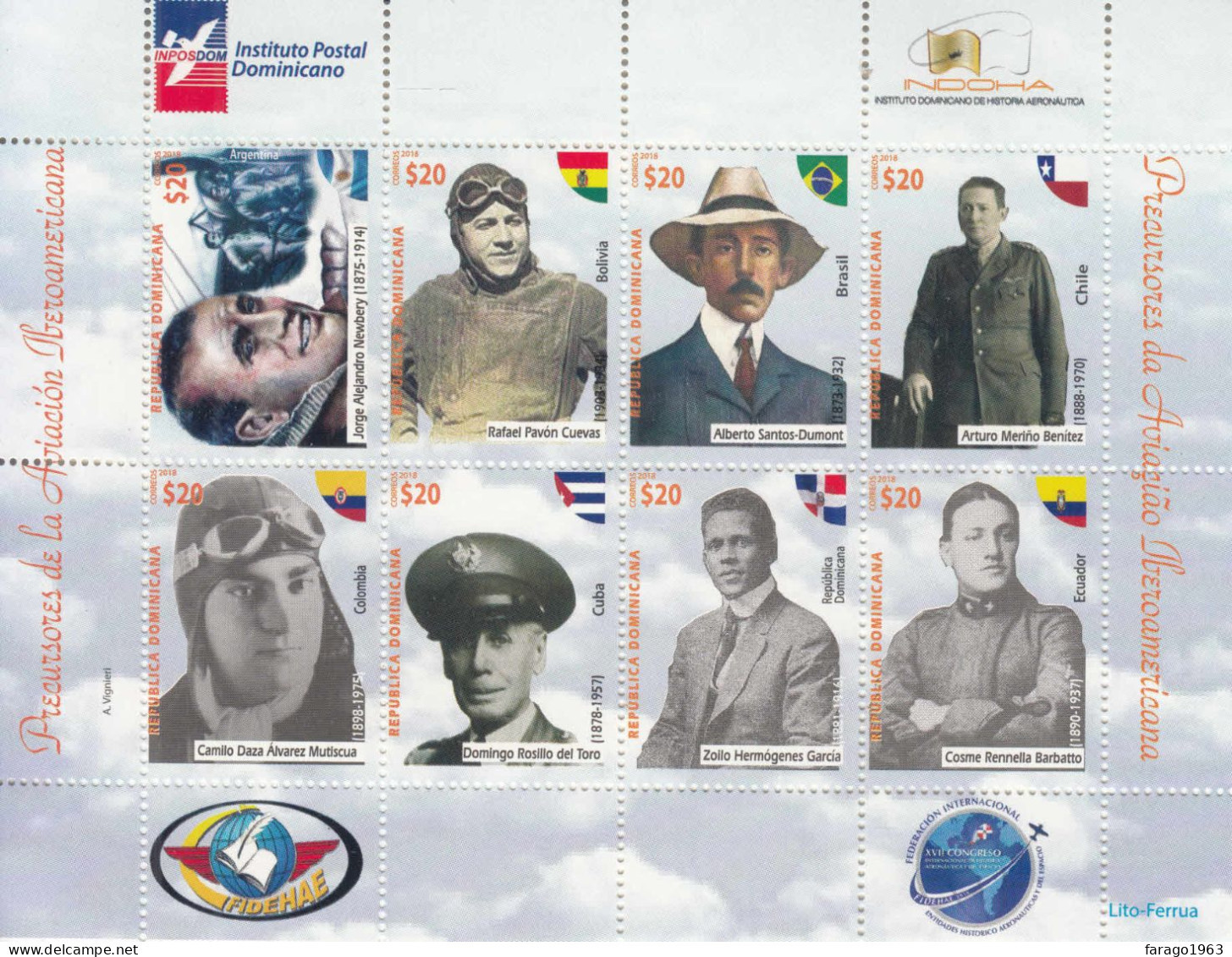 2018 Dominican Republic Pioneers Of Aviation Lindbergh Flags Complete Set Of 2 Sheets Of 8 MNH - Dominikanische Rep.