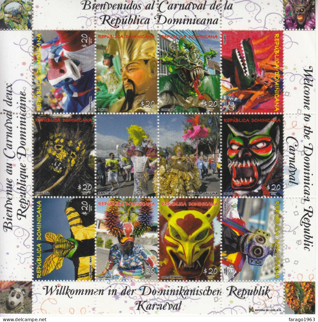 2012 Dominican Republic Carnival Masks Miniature Sheet Of 10 MNH - Dominicaanse Republiek