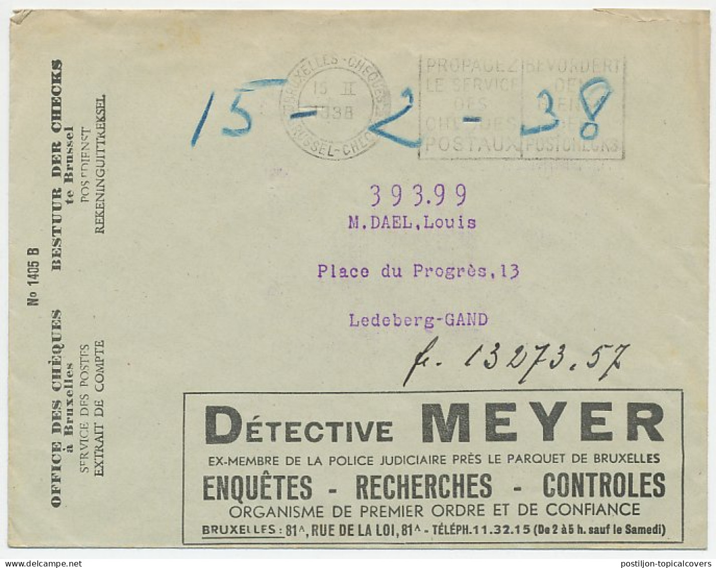 Postal Cheque Cover Belgium 1938 Leather - Soles - Heels - Shoes - Detective - Disfraces
