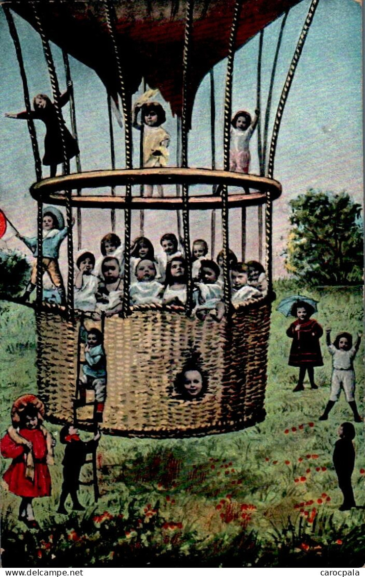 Carte 1905 Illustration Bébés Multiples En Montgolfière - Babies