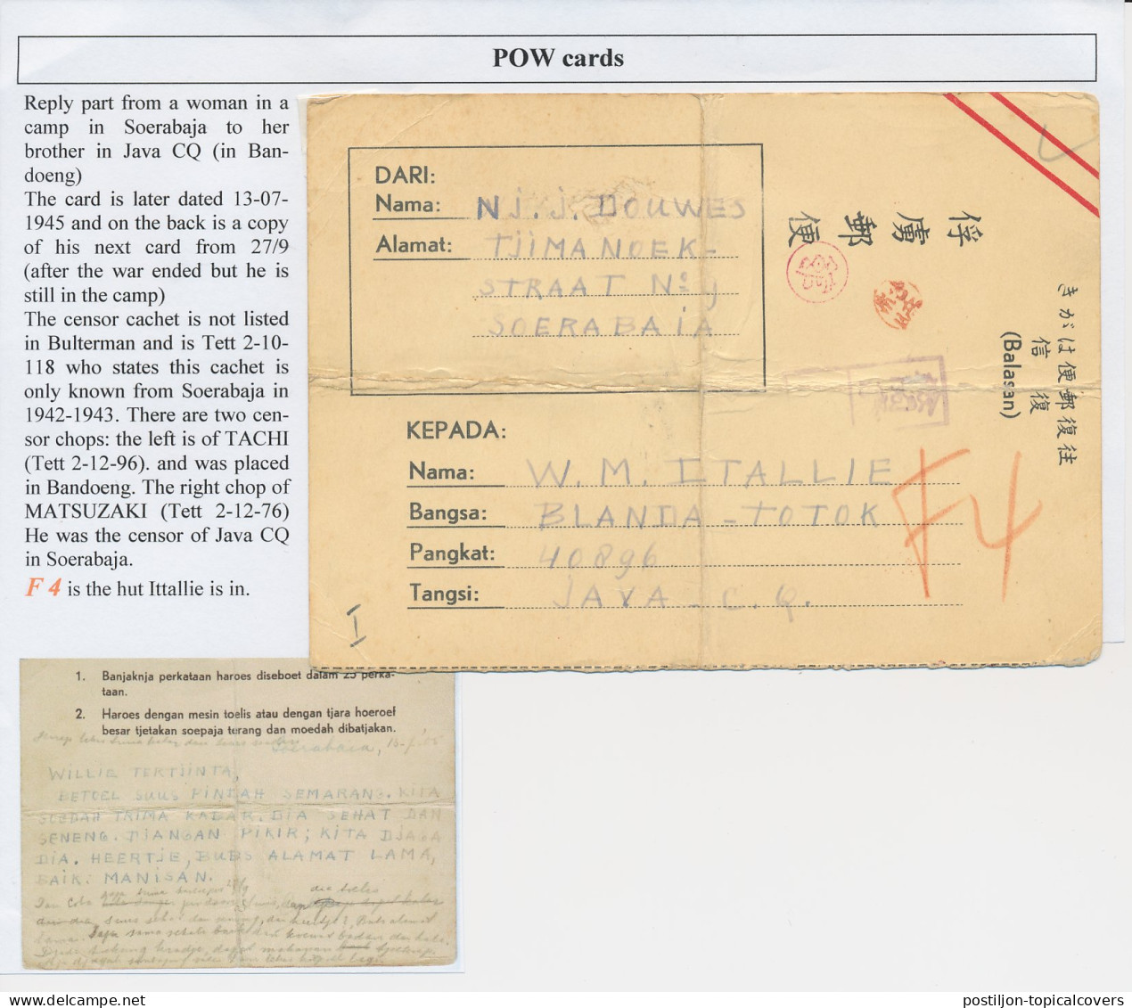 Censored POW Card Camp Soerabaja - Camp CQ Bandoeng Neth. Indies - Indes Néerlandaises