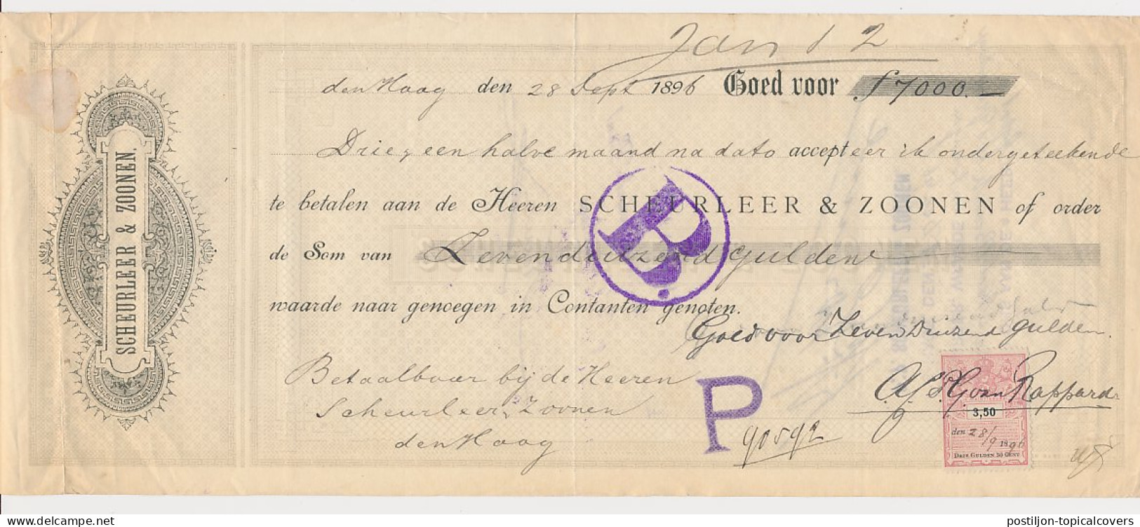 Plakzegel 3.50 Den 18.. - Wisselbrief Den Haag 1896 - Revenue Stamps