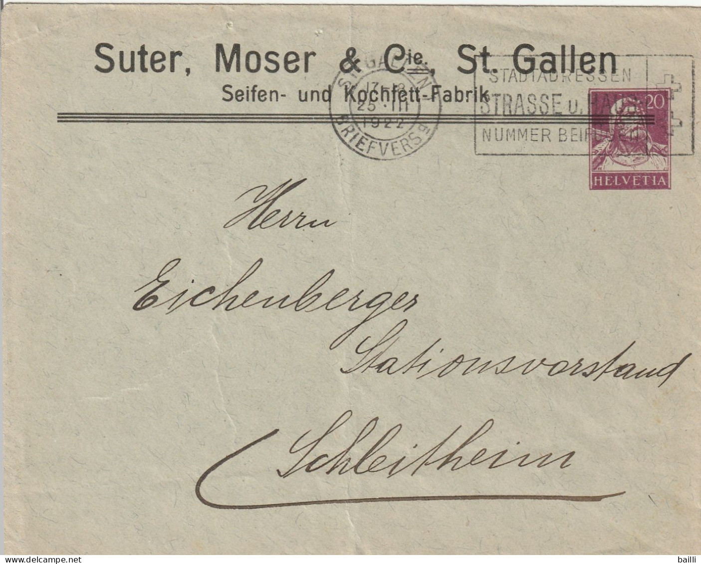 Suisse Entier Postal Privé St Gallen 1922 - Marcophilie