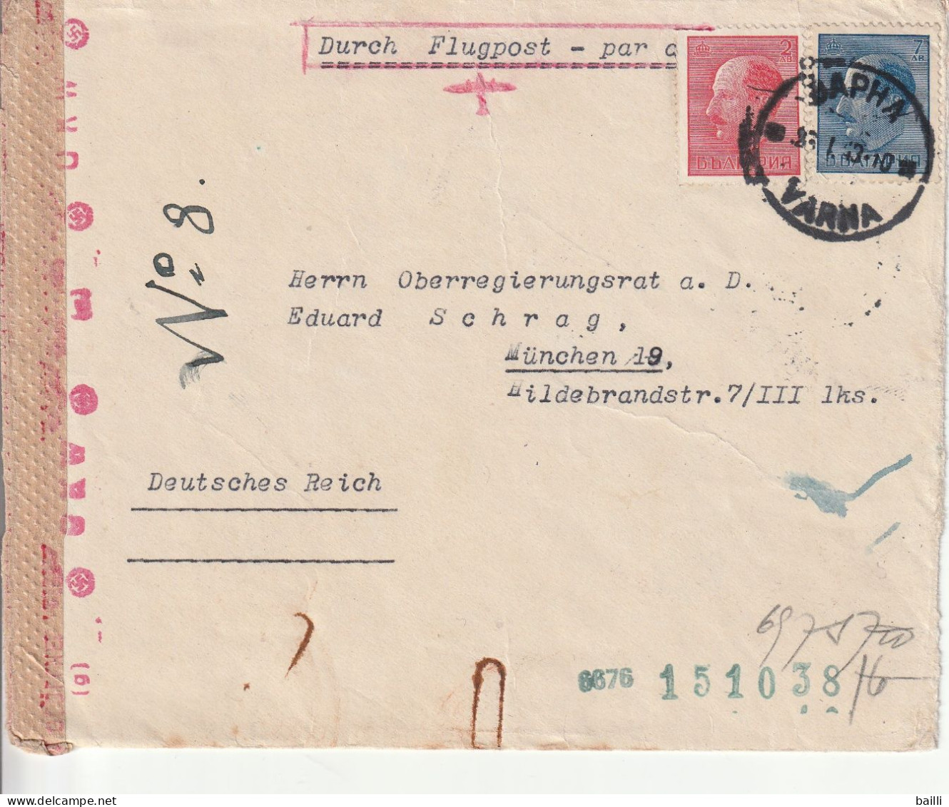 Bulgarie Lettre Censurée Par Avion Pour L'Allemagne 1943 - Lettres & Documents
