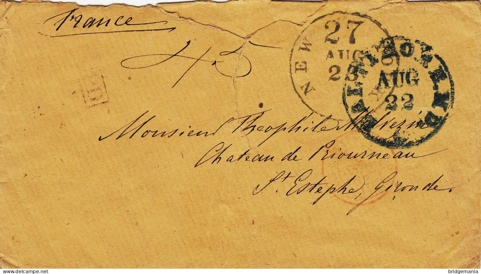 MTM106 - 1862 TRANSATLANTIC LETTER USA TO FRANCE Steamer CITY OF BALTIMORE 3 RATE UNPAID WITH ERROR! - Storia Postale