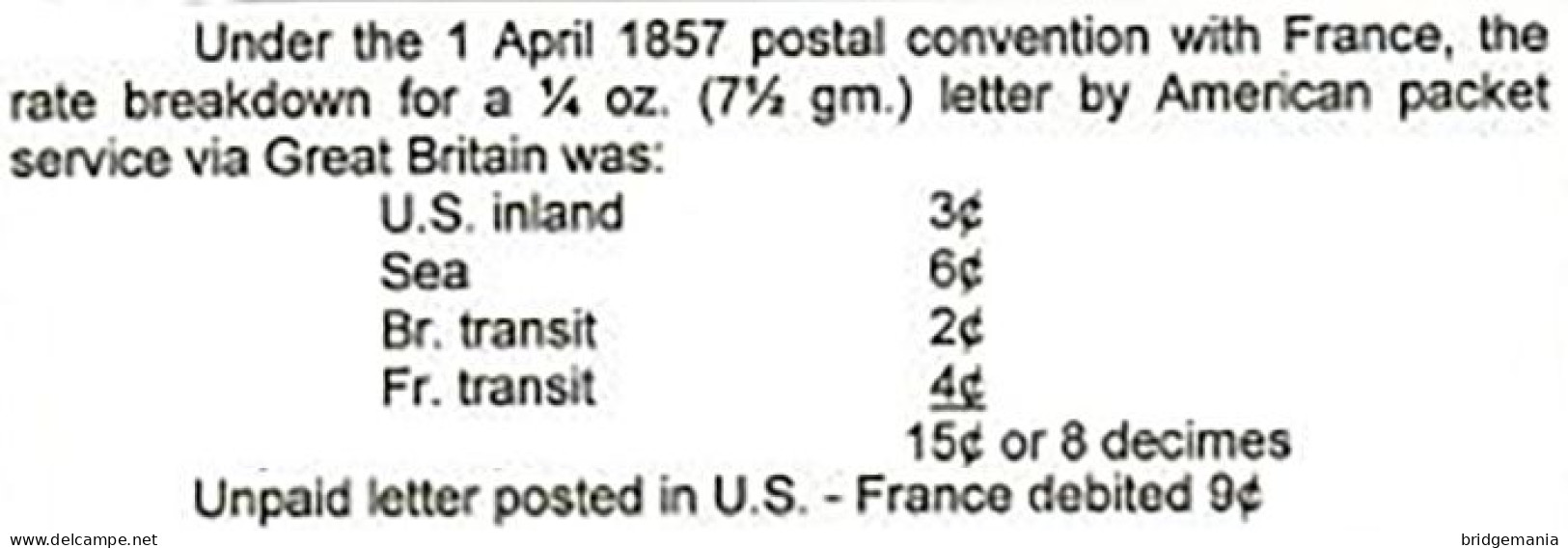 MTM106 - 1862 TRANSATLANTIC LETTER USA TO FRANCE Steamer CITY OF BALTIMORE 3 RATE UNPAID WITH ERROR! - Marcophilie