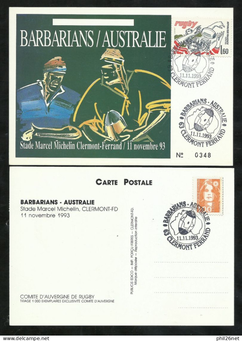 CP Num.Rugby Barbarians - Australie Stade Michelin Clermont Ferrand Le 11/11/1993 Les N°2236 Et 2620 + Cachet B/TB  ! ! - Rugby